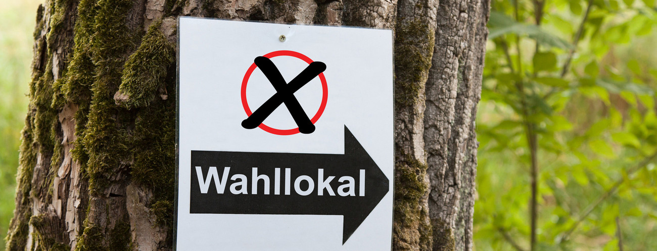 Baum mit einem Hinweisschild auf ein Wahllokal. Quelle: Fotolia